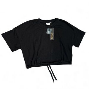 ONLY Black Soft Drawstring Cinched Waist Crop T-Shirt Top Tee Size S